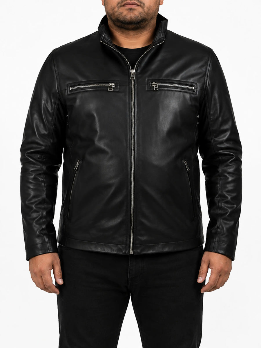 Men's Lambskin Leather Biker Jacket With Zipper & Pocket, Classic Club Outwear Jacket Black
