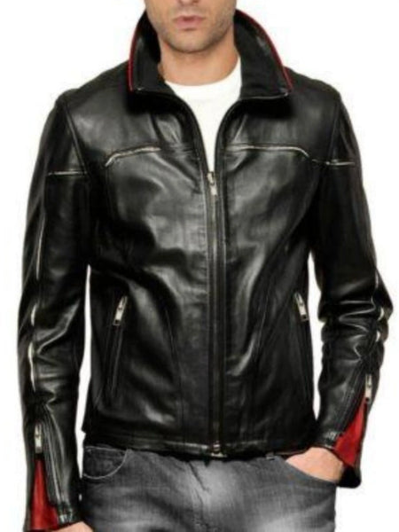 Noora Men's Lambskin Leather Trendy Look Slim fit Motorcycle Biker Jacket Designer Black With Red Combination Leather Jacket SU09 — standardized 4K restored centered human-model hero image