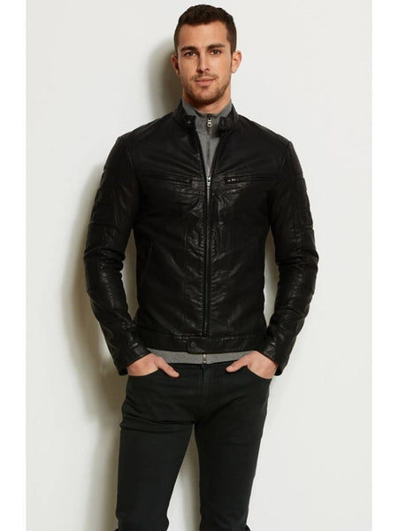 NOORA Men's Black  Lambskin Leather Motorcycle Jacket , Retro Style Jacket With Zipper & Zipped Pocket | ST08 — standardized 4K background-preserved hero image