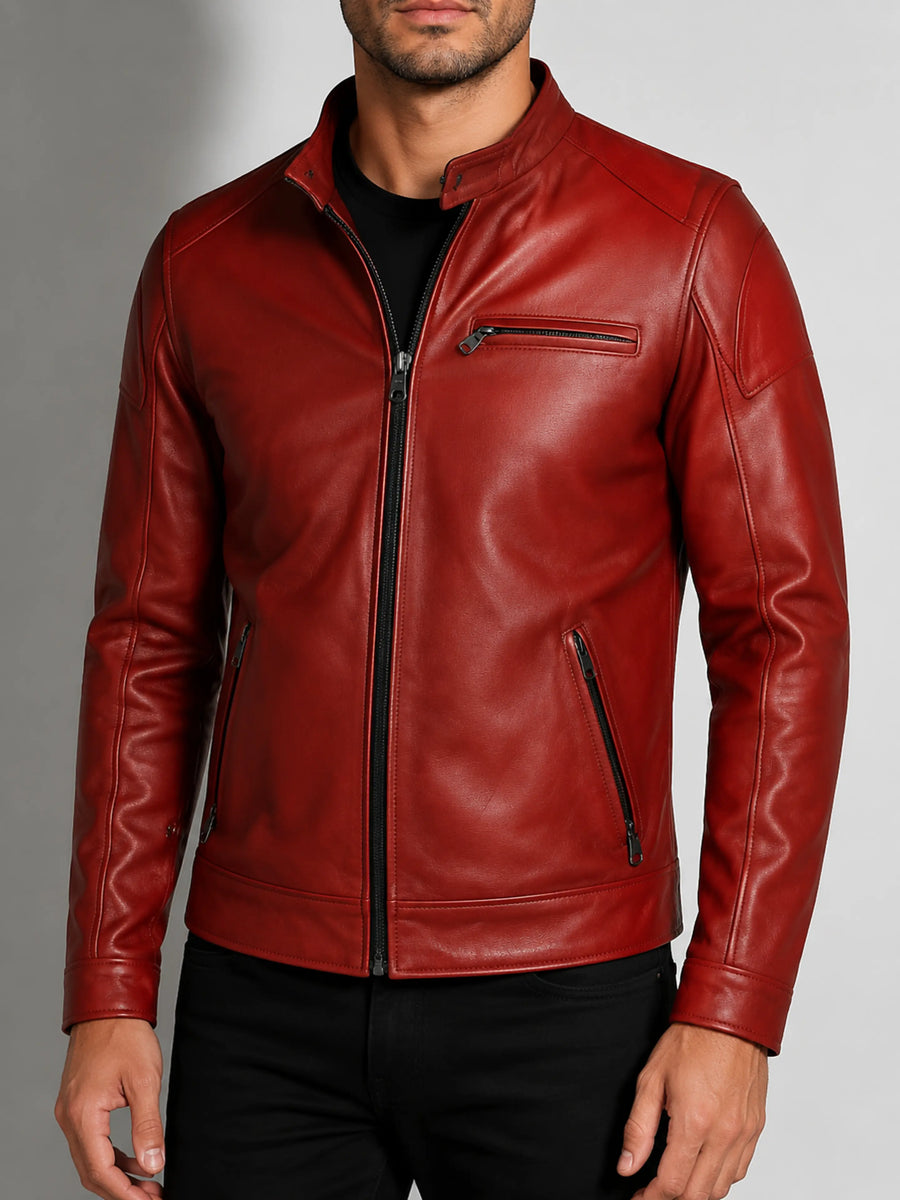 Men's Red Lambskin Fringe Leather Jacket, Stylish Slim Fit
