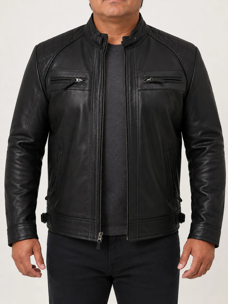 Men's Lambskin Black Leather Jacket, Quilted Motorcycle Biker Jacket, Best