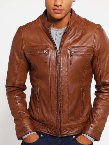 NOORA Lambskin Men's Tan Brown Leather Jacket With Zipper & Pockets | Men's Motorcycle Jacket | Classical Western Jacket ST0133 — standardized 4K background-preserved hero image
