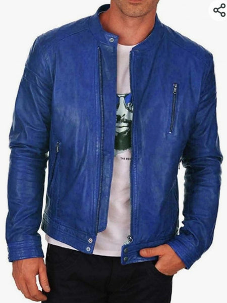 Noora mens lambskin leather Blue Stylish jacket with Zipper & Snap SK121 — standardized 4K background-preserved hero image