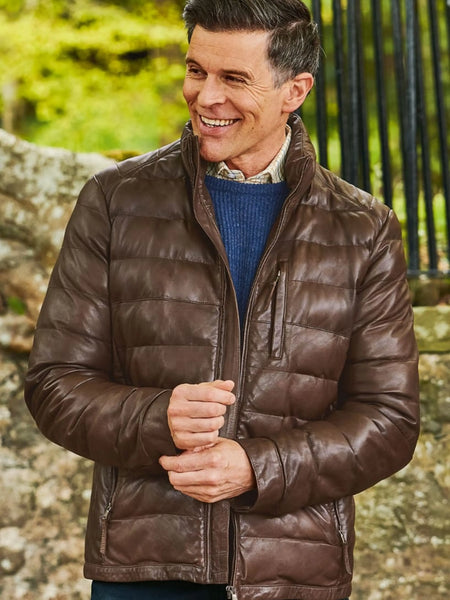Noora New Men's 100% Brown Lambskin Leather Quilted Jacket Biker With Brown Zipper UN125 — standardized 4K background-preserved hero image