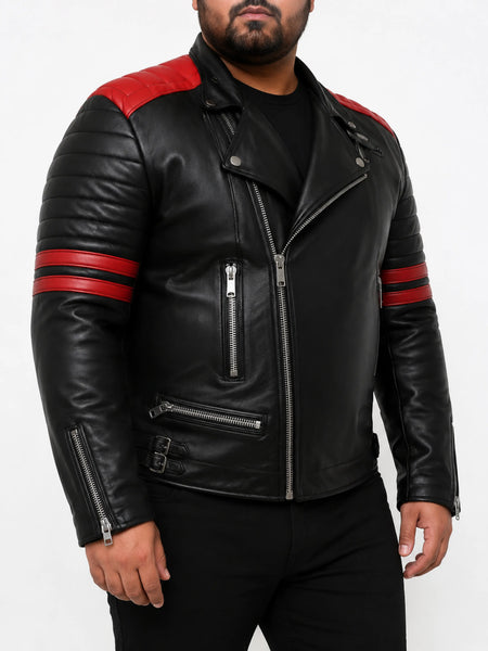 Noora Men's Lambskin Leather Black And  Red Combination Quilted Biker Jacket With  Branded YKK Zipper | Black Leather Jacket SU053 — standardized 4K background-preserved hero image