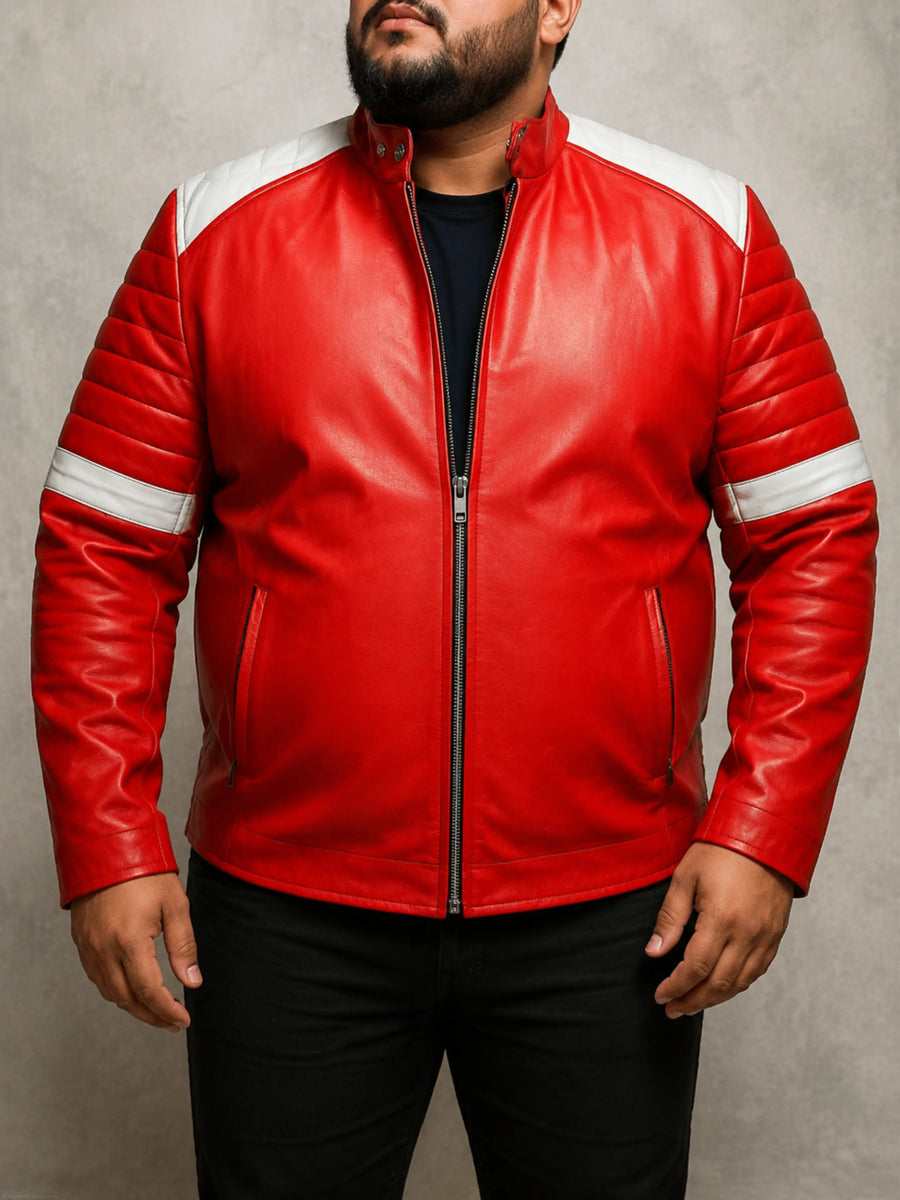 Mens Customized Real Lambskin Vintage Leather Jacket Red with white patch fit M