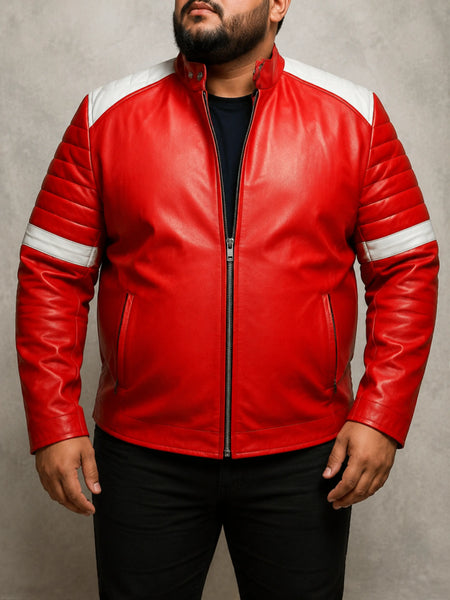 Noora Mens Customized Handcrafted Genuine Lambskin Vintage Leather Jacket Red with white patch fit M — standardized 4K background-preserved hero image