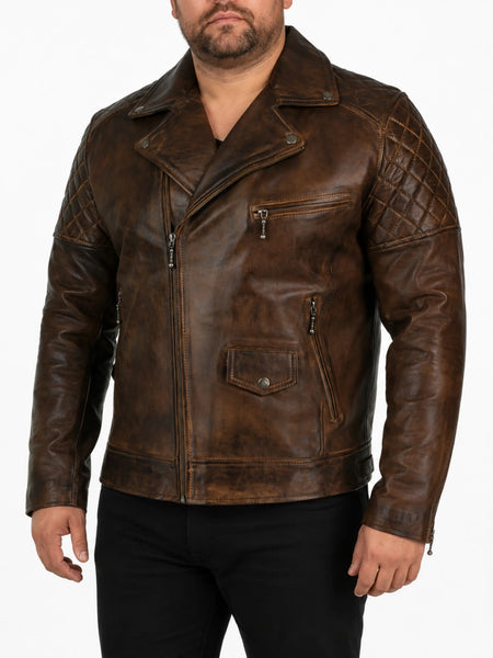 Mens Heist Antique Vintage Brown Leather Cafe Racer Moto Jacket - Handmade Leather Jackets YKK Zipper — standardized 4K background-preserved hero image