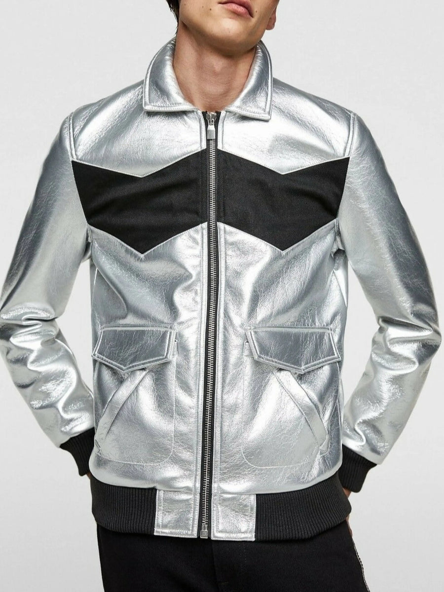 Mens Lambskin Metallic Silver & Black Leather Jacket, Bomber Biker Cafe Racer Slim Fit, Color Block