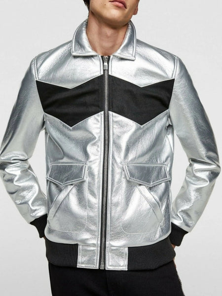 NOORA Mens Lambskin Metallic Silver & Black Leather Jacket, Bomber Biker Cafe Racer Slim Fit, Color Block Jacket YK0242 — standardized 4K background-preserved hero image