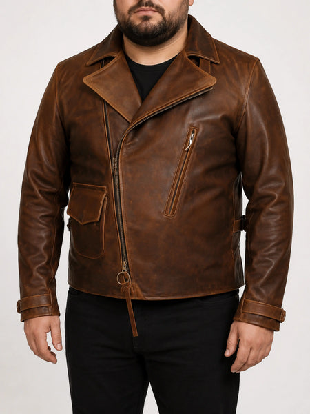 NOORA Mens Brown Movie Costume  Leather Jacket With Zipper | Hollywood Celebrity Jackets | Antique Brown Commando Jacket SU063 — standardized 4K restored human-model hero image