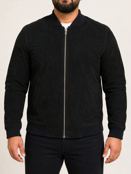 Noora Mens Black Suede Bomber Leather Jacket With Zip Closure |  SU0121 — standardized 4K studio hero image