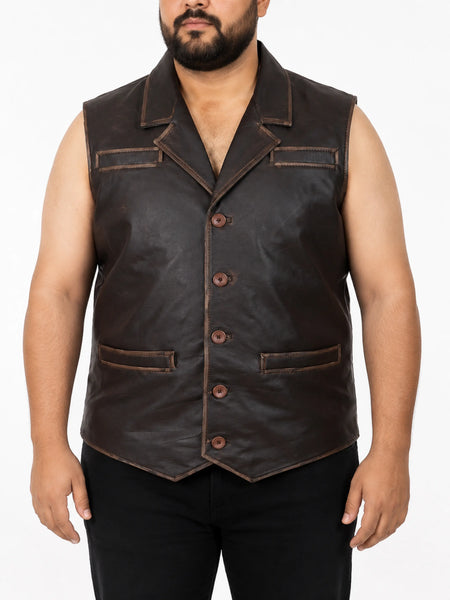 NOORA Mens Lightweight Leather Distressed Brown Vest Coat With Button & Pocket | Soft Leather Vest Coat | Slim Fit — standardized 4K background-preserved hero image
