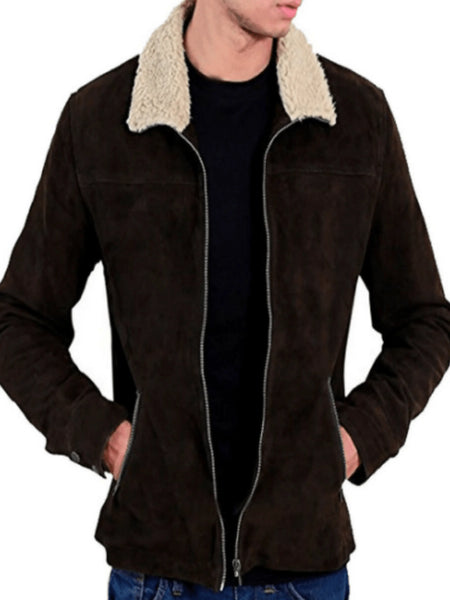 Noora Mens Dark Brown  Suede Leather Jacket With Fur Collar & Pocket | Designer Aviator  Suede Jacket |  Dark Brown Suede Leather Jacket SU077 — standardized 4K background-preserved hero image