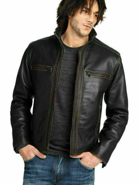 NOORA New Men's Lambskin Leather Black Jacket Bikers Bomber Modern Styles QD164 — standardized 4K background-preserved hero image