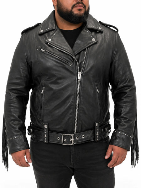 NOORA Mens  Lambskin Black Leather Fringe Biker Jacket With Zipper & Zipped Pocket | Studded Jacket | Belted Jacket — standardized 4K background-preserved hero image
