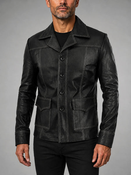 NOORA Men's Lambskin Leather Black Motorcycle Shirt Jacket, Slim Fit Jacket With Button & Pocket | ST017 — standardized 4K restored centered human-model hero image