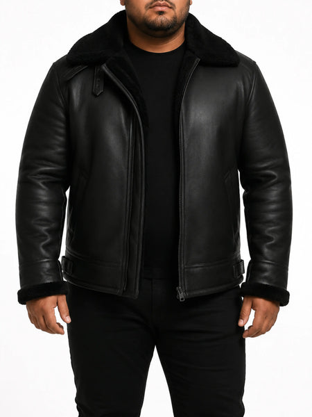 Noora Mens Lambskin Leather Black Biker Racer Jacket With Belted Fur Collar | Black Leather Jacket With Branded YKK Zipper Closure SU0635 — standardized 4K background-preserved hero image