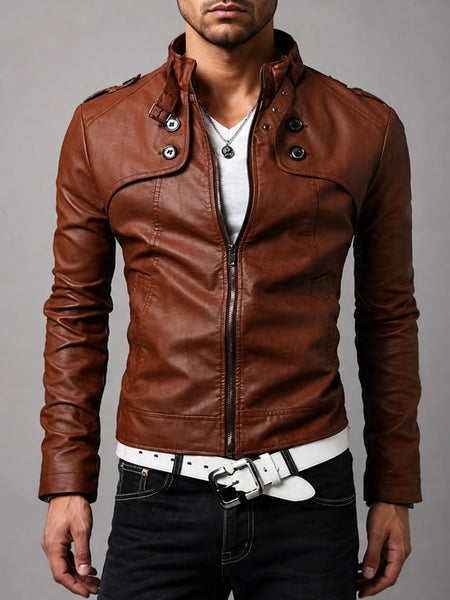 NOORA Mens Lambskin Leather Brown Color Motorcycle Jacket With Zipper | Belted Jacket ST014 — standardized 4K restored centered human-model hero image