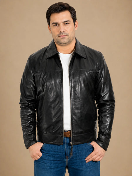 Mens Tailored Fit Bomber Real Leather Genuine Pilot Flying Jacket Casual Black — standardized 4K background-preserved hero image