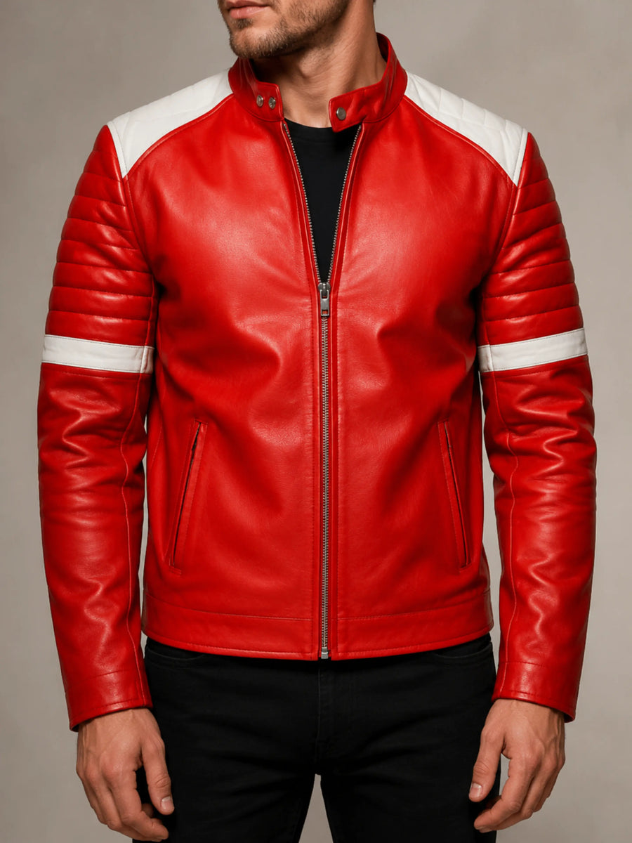 Men's Lambskin Red & White fit Motorcycle Racer Retro style Color Block Jacket