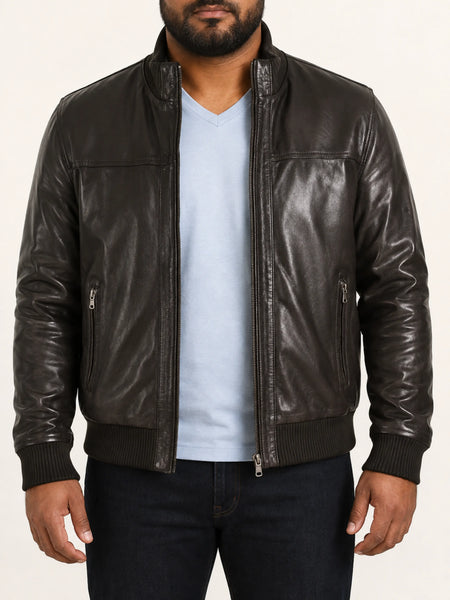 Noora Mens Lambskin Shiny Black Leather Jacket, Stylish Biker Leather Jacket, Bomber Jacket With Ribbed Cuff YK085 — standardized 4K studio hero image