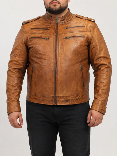 NOORA New MEN'S Lambskin BIKER CAFE RACER  REAL  LEATHER SLIM FIT JACKET NI-33 — standardized 4K restored human-model hero image