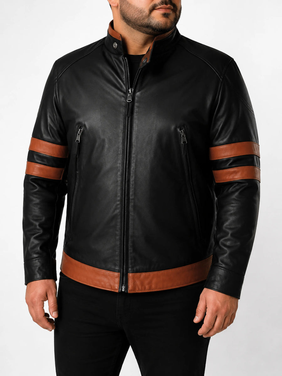 Mens Lambskin Leather Black Jacket With Brown Strips Leather Jacket, Black And Brown Leather Jacket