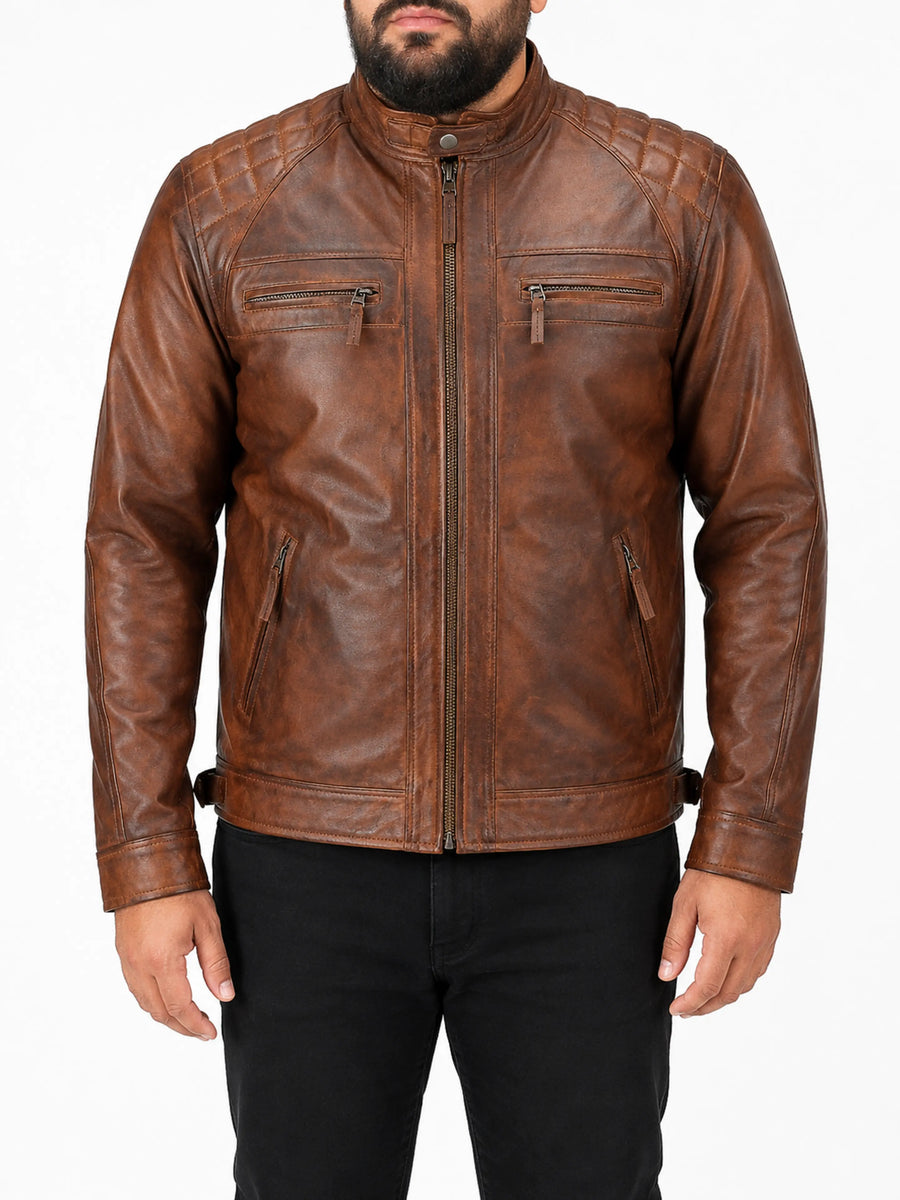 Real Men's Biker Motorcycle Café Racer Distressed Brown Leather Jacket for Halloween
