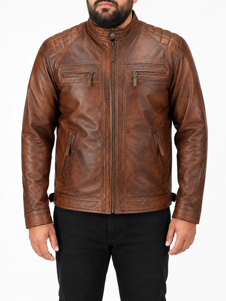 NOORA Real Brand New Men's Handmade Biker Motorcycle Café Racer Distressed Brown Leather Jacket for Halloween SU0132 — standardized 4K background-preserved hero image