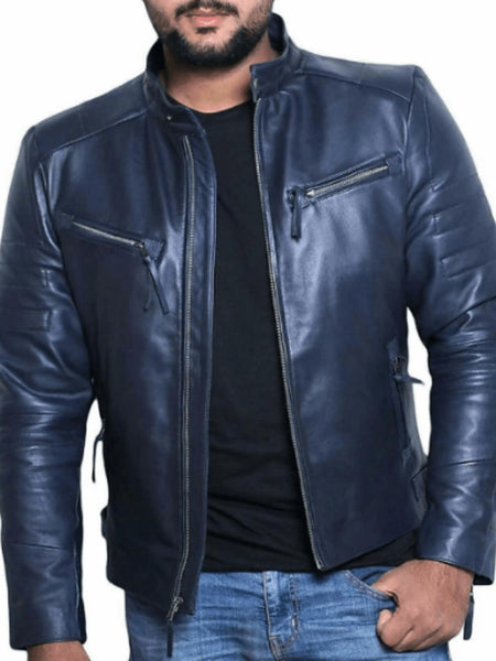 Leather Jacket for Men Slim fit Navy Blue Color Real Lambskin Biker Motorcycle Casual Leather
