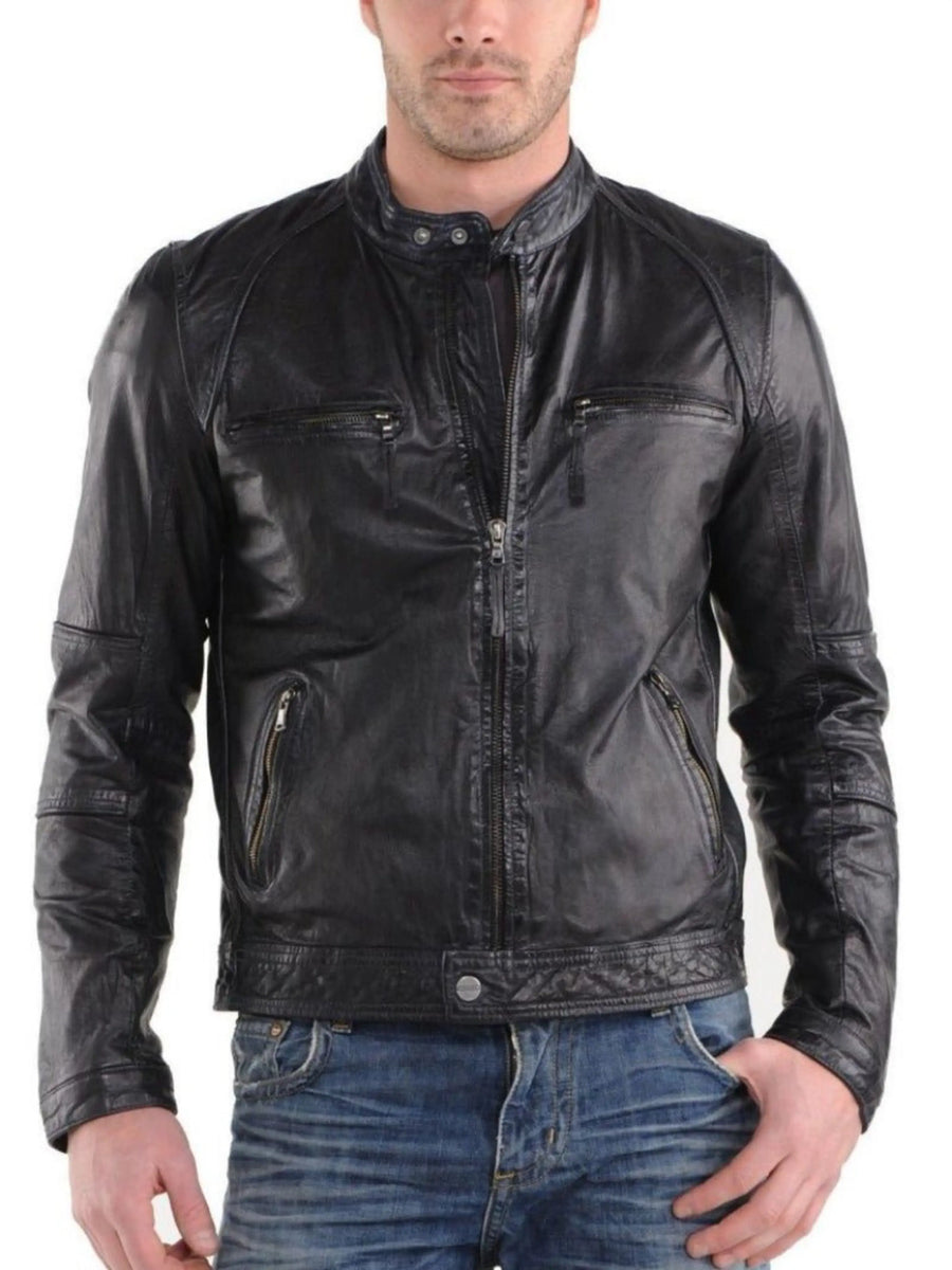 Men's Black Lambskin Leather Jacket With Zipper & Pocket Designer Black Motorcycle biker Leather