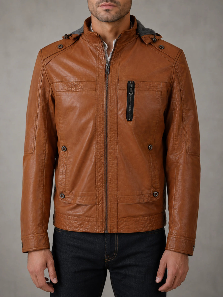 Men's Tan Brown Leather Jacket With Shoulder Strap, Stylish Café Racer Leather Jacket with Hooded