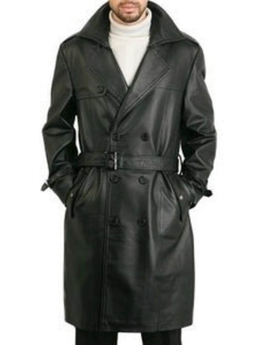 Mens Black Lambskin Leather Trench Coat With Button & Belted, Black Belted Trench Coat