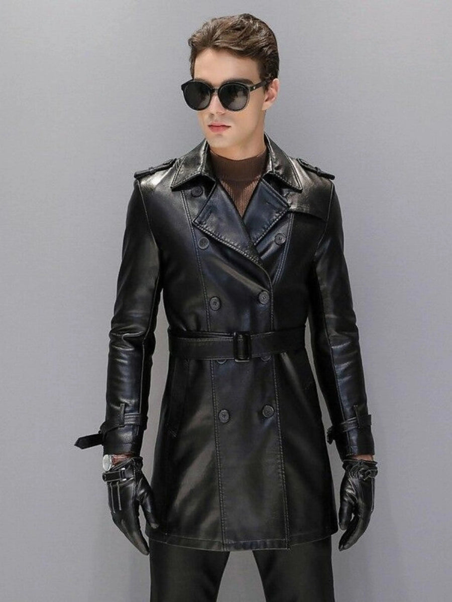 Mens Black Trench Coat Steampunk Shot Trench Coat Leather Coat Trench Coat Real Lambskin Leather