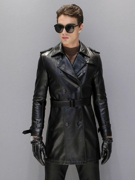 NOORA Mens BLACK Trench Coat Steampunk Shot Trench Coat Leather Coat Trench Coat Real LAMBSKIN Leather Long Coat-Hand Made Real Leather #Sj — standardized 4K background-preserved hero image