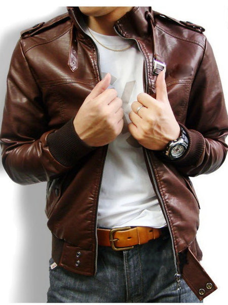 Noora Men’s Lambskin Leather Jacket with Belt | Stylish Brown Bomber Biker Jacket with Stand Collar| Gift for Him| — standardized 4K background-preserved hero image