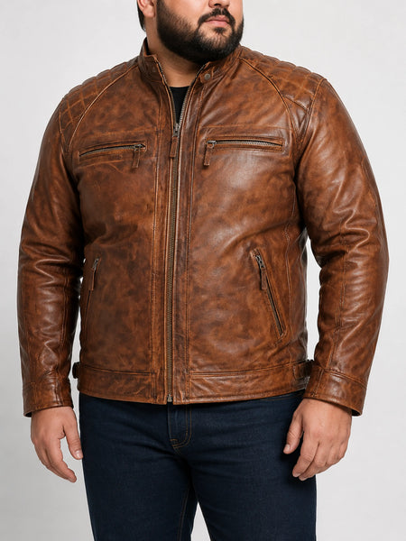 NOORA Mens Brown Colour Lambskin Leather Quilted Biker Jacket  With Zipper & Pocket | Band Collar | ST066 — standardized 4K restored human-model hero image