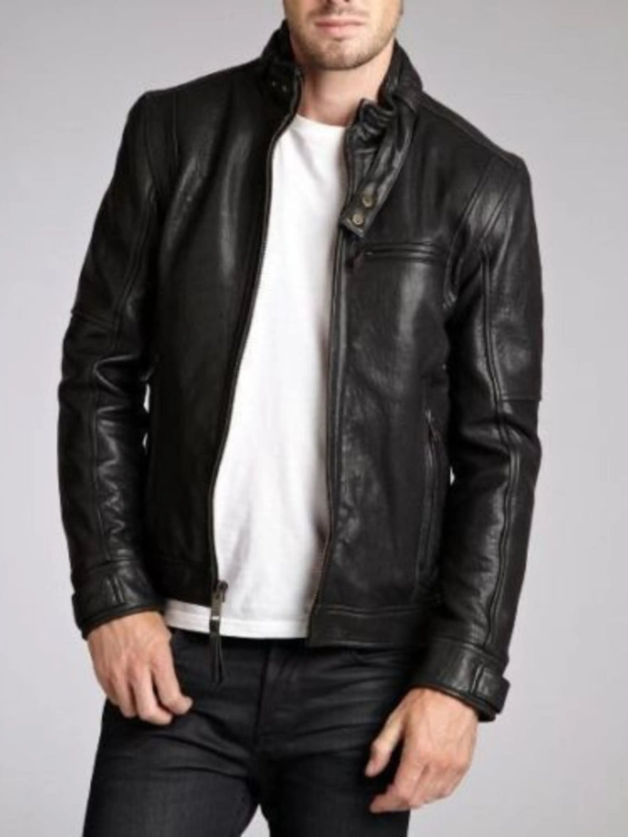 Lambskin Mens Black Leather Jacket, Shiny black Casual Biker Style Jacket