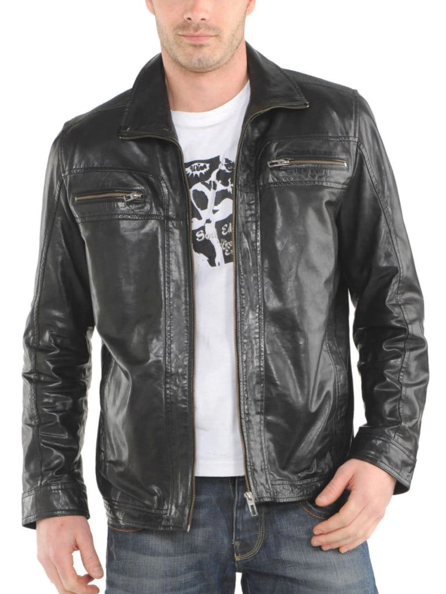 Men's Lambskin Black Leather Jacket With Collar & Zippers