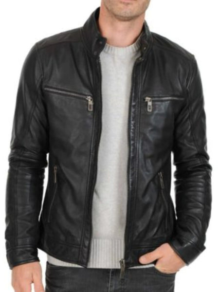 Noora Men's Lambskin Black Leather Jacket | Autumn and Winter Fashion Warm Motorcycle Biker Leather Jacket with Zipper — standardized 4K background-preserved hero image