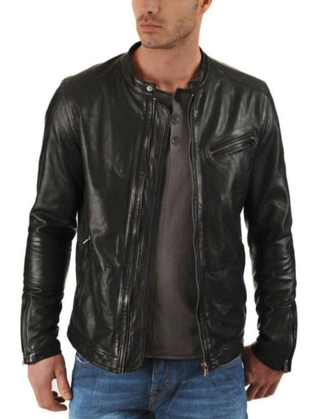 Noora Men's Black Lambskin Leather Racer Retro Motorcycle Biker Jacket With  Zipper & Pocket SU020 — standardized 4K background-preserved hero image