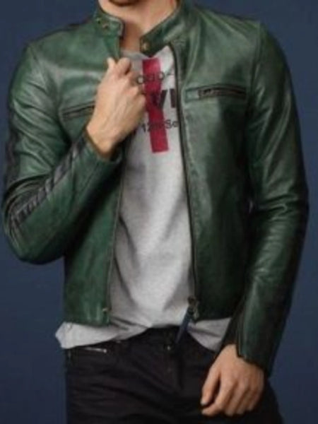 NOORA Lambskin Leather Dark Green Motorcycle Jacket With Zipper & Zipped Pocket  | Band Collar Jacket | ST013 — standardized 4K background-preserved hero image