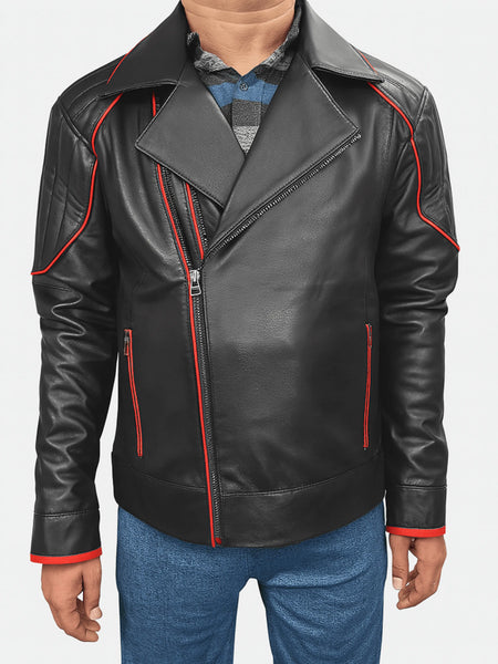 Noora Men’s Black Leather Biker Jacket with Red Piping detail, Handcrafted Real Lambskin Moto Leather Jacket — standardized 4K background-preserved hero image