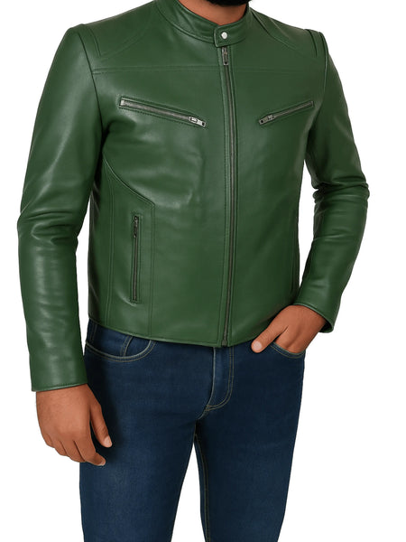 Noora Men’s Genuine Green Biker Leather Jacket – Casual Style with Zipper & Pockets — standardized 4K background-preserved hero image