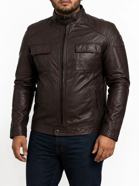 Brown Handmade Mens bskin Leather Quilted Safari Double Collar Brown Leather Jacket Slim fit Motorcycle Biker (Copy) — standardized 4K background-preserved hero image