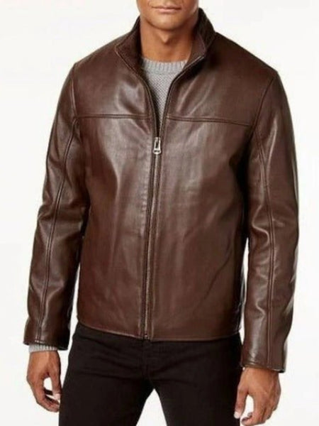 Noora Men's Brown Lambskin Leather Jacket, Motorcycle Café Racer Leather Jacket, Solid Casual Biker Real Leather Jacket — standardized 4K background-preserved hero image