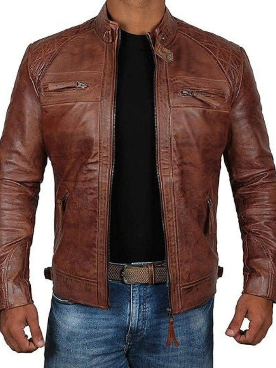 Mens Lambskin Distress Brown Leather Jacket, Quilted Designer Motorcycle Jacket, Stylish Celebrity
