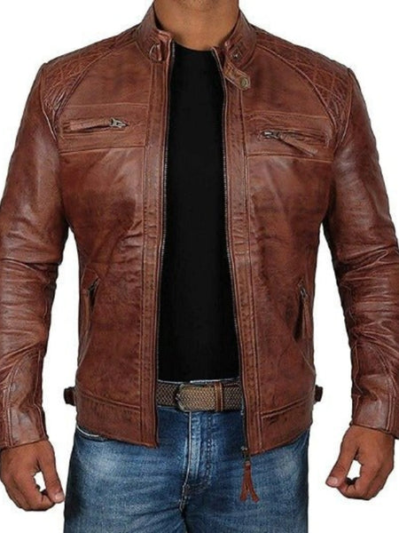 Noora Mens Lambskin Distress Brown Leather Jacket, Quilted Designer Motorcycle Jacket, Stylish Celebrity Wear Jacket — standardized 4K background-preserved hero image
