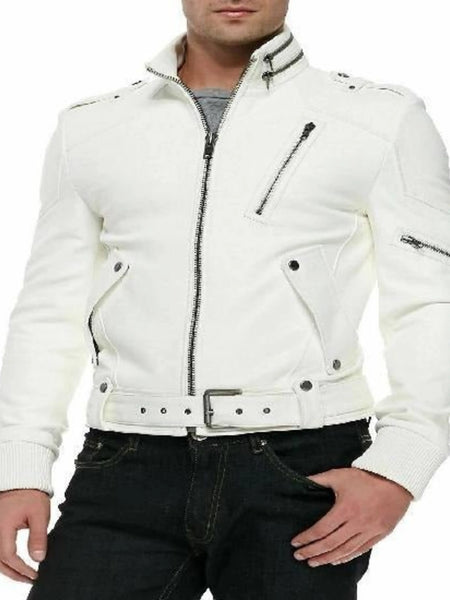 Noora Men's White Leather Jacket, Bomber Style Leather Jacket, Motorcycle Slim Fit Jacket, Western Party Wear Jacket — standardized 4K background-preserved hero image